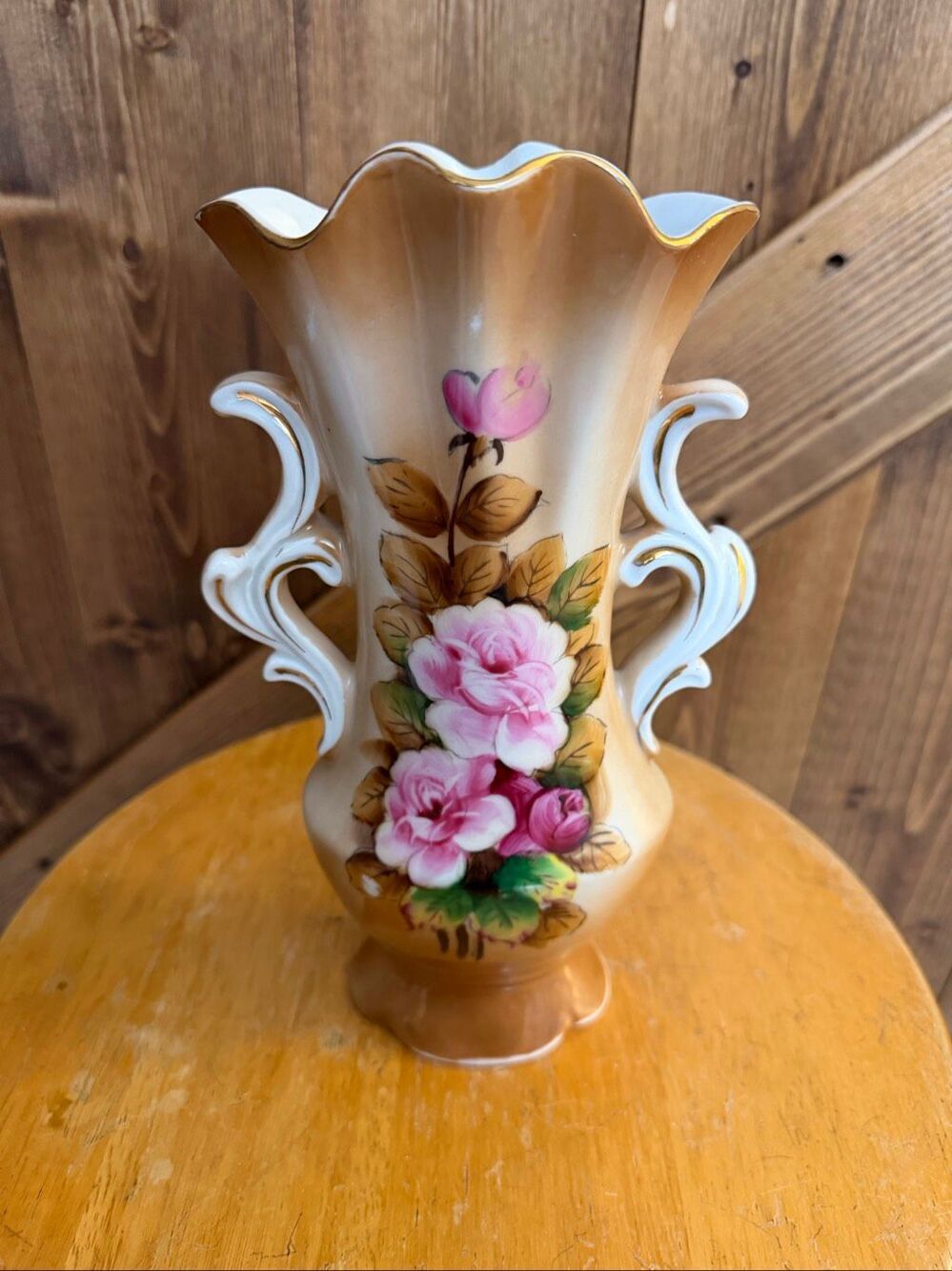 Vintage Lipper & Mann Floral Porcelain Vase Pink Roses Gold Trim Japan (9180)